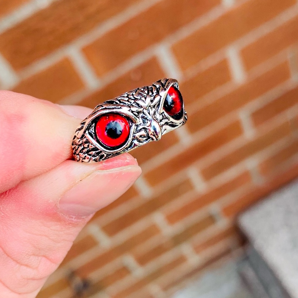 925 Sterling Silver - Vivid Red Eyed Owl Tibetan Silver Adjustable Ring